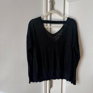 Margaret O'Leary Pointelle Silk Linen V-neck Pullover Sweater Black Size M